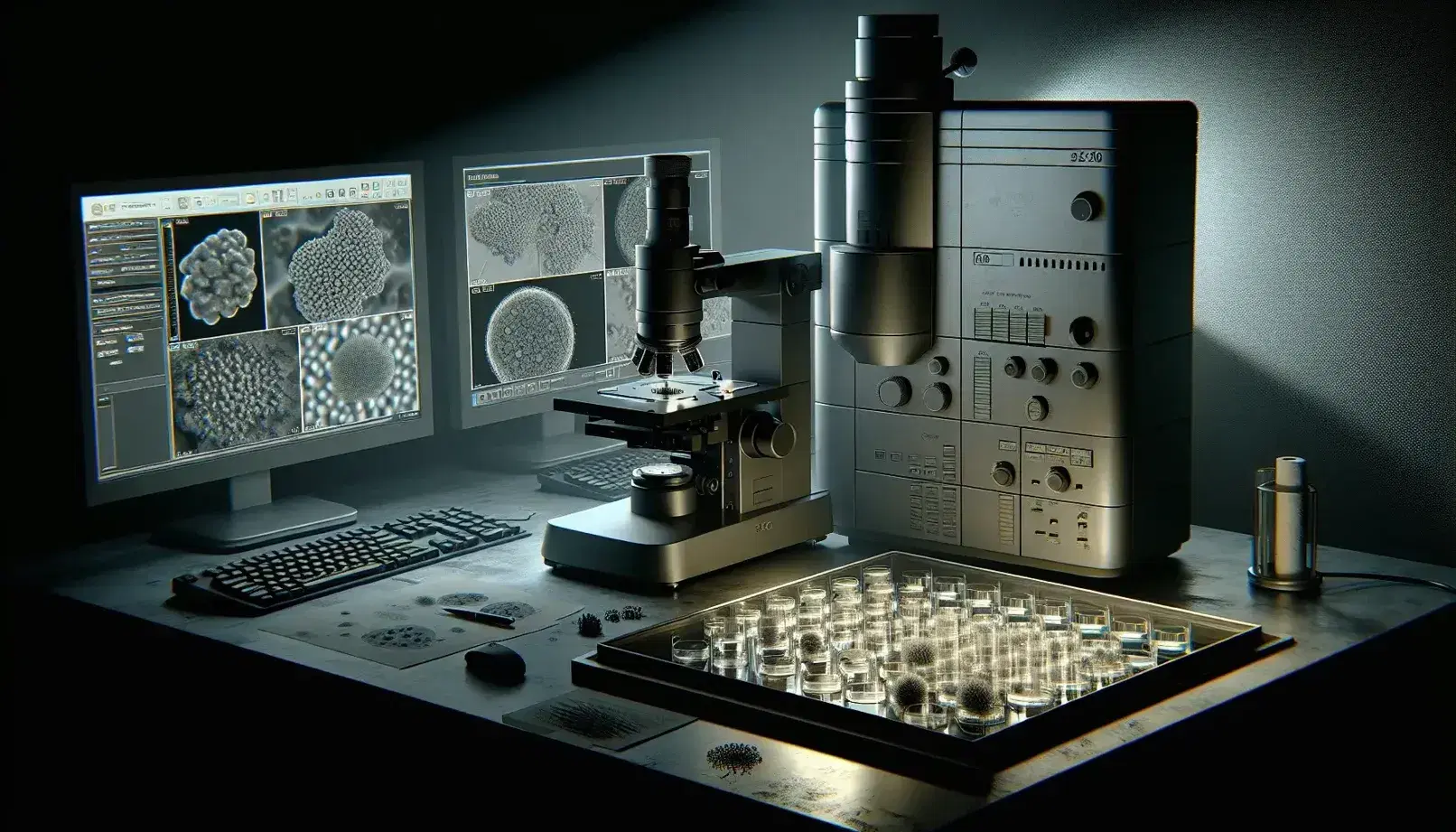 Microscopio elettronico a trasmissione grigio in laboratorio di ricerca con campioni biologici su piastre trasparenti e schermi con immagini cellulari.