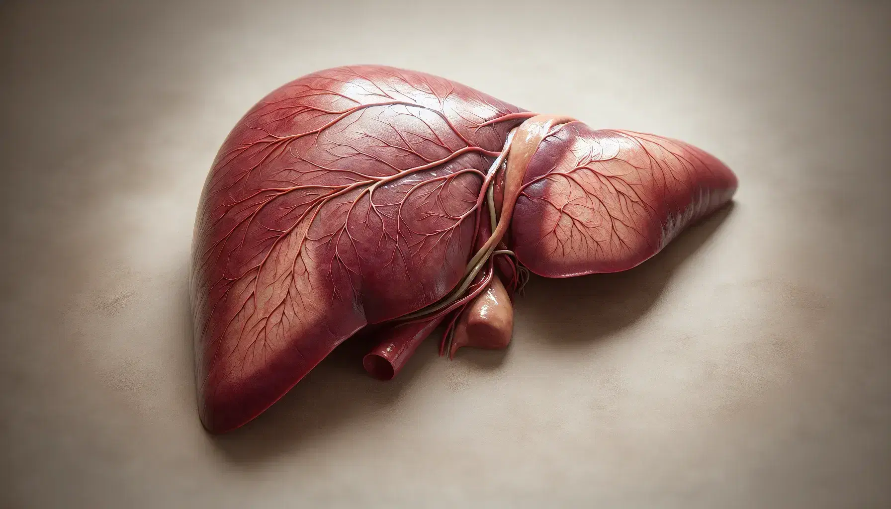 Hígado humano realista con superficies diafragmática y visceral visibles, tonos rojizos y estructura vascular marcada, sin elementos distractores.