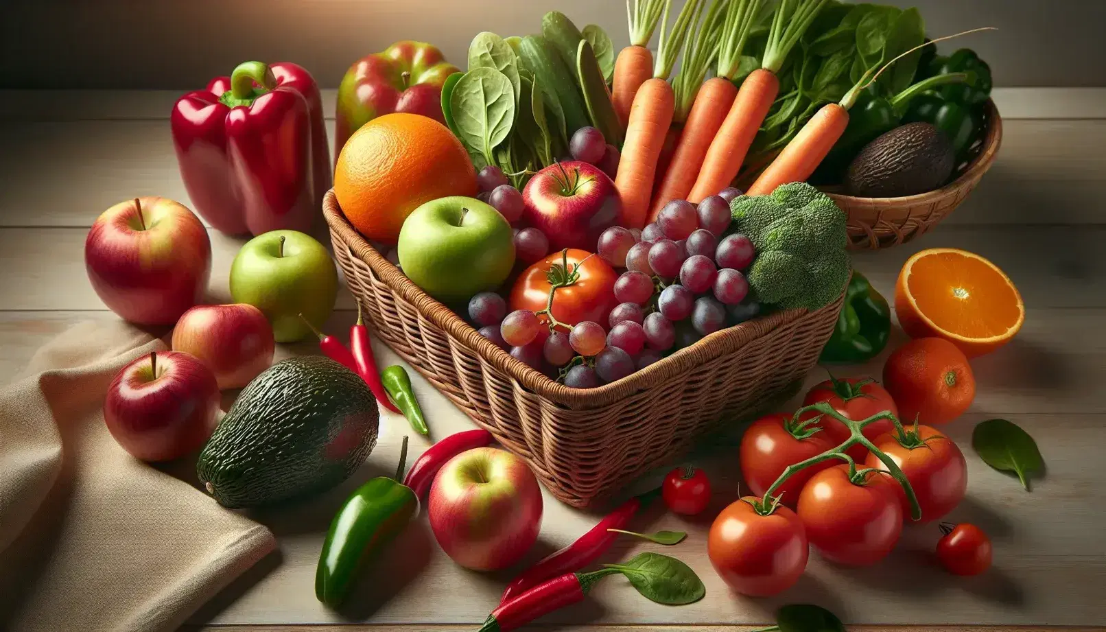 Canasta de frutas y verduras frescas sobre superficie de madera con manzanas, naranjas, uvas, zanahorias, tomates, pimientos, plátanos, aguacate y espinacas iluminados naturalmente.