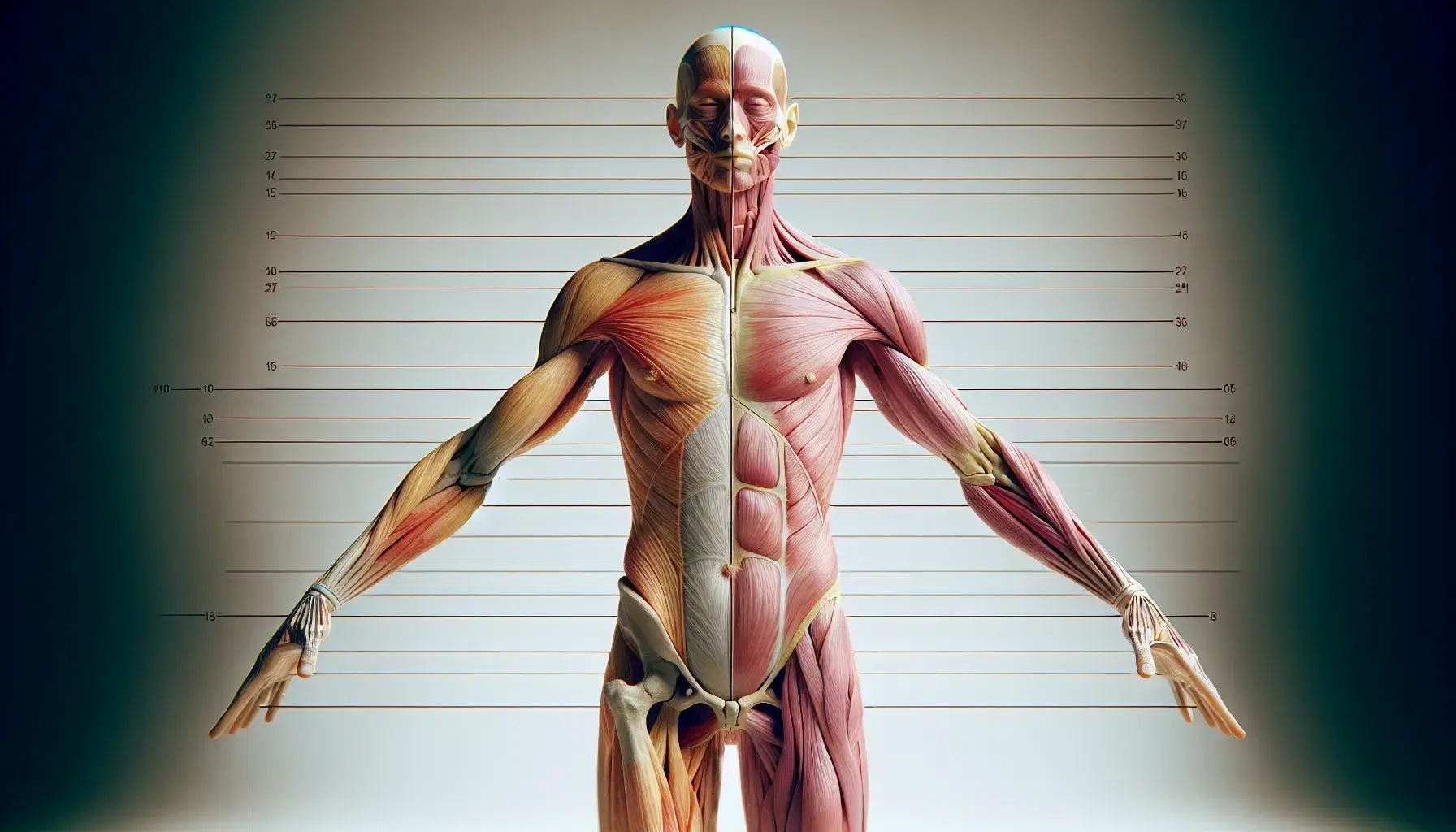 Figura humana de pie con piel translúcida mostrando músculos, huesos y órganos internos, dividida por planos imaginarios en secciones anatómicas.