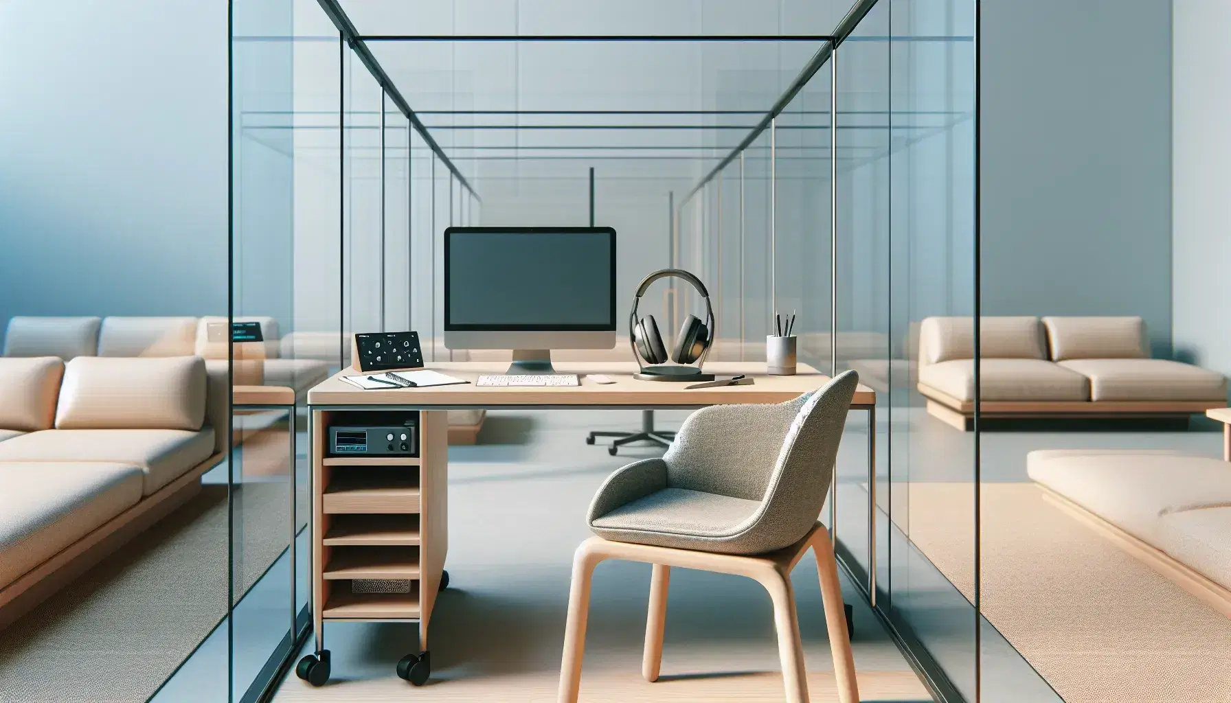 Psychological research laboratory with modern desk, computer, headphones, comfortable armchair and digital voice recorder.