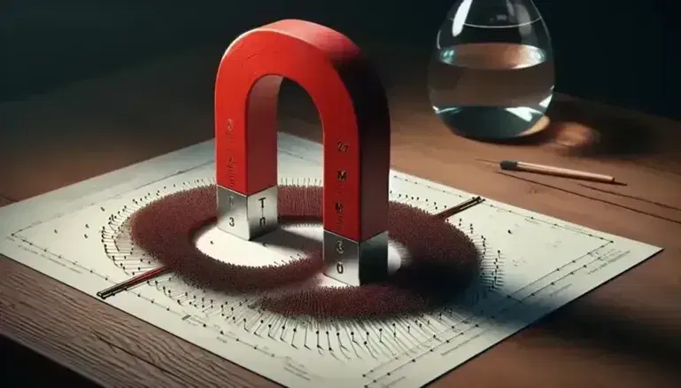 Physical experiment with red U-shaped magnet, iron filings on paper, compass with red and blue needle and bar magnet immersed in beaker on wooden table.