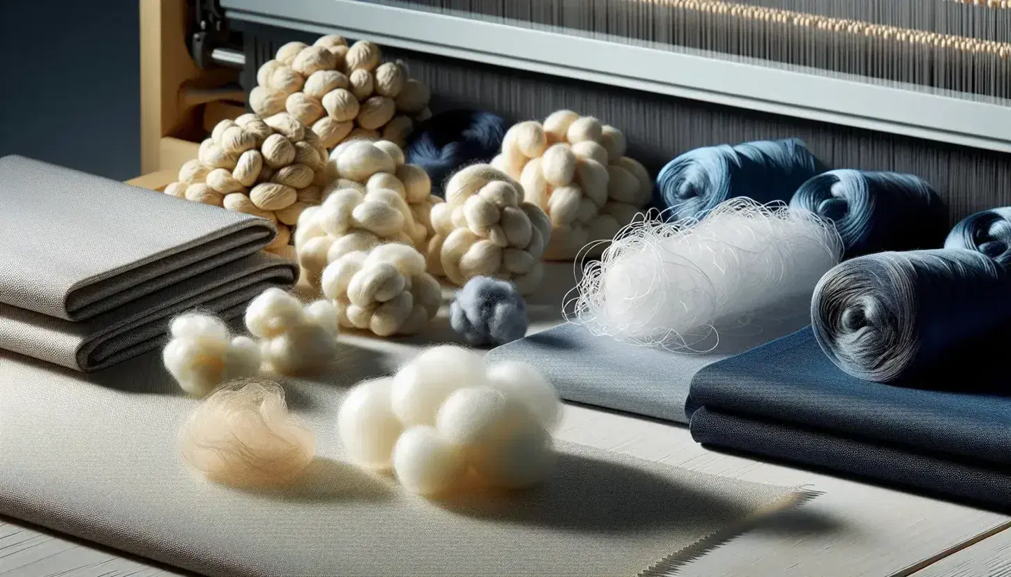 Campione di seta, filo di seta grezza, ciuffo di lana naturale e tessuto di nylon blu su tavolo in legno con sfondo sfocato di telaio industriale.