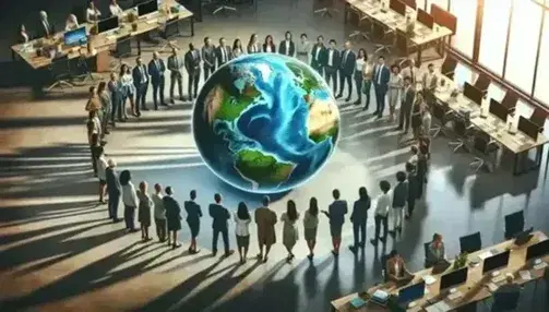 Grupo diverso de profesionales sosteniendo un globo terráqueo en un ambiente de oficina moderno, simbolizando colaboración global y compromiso.