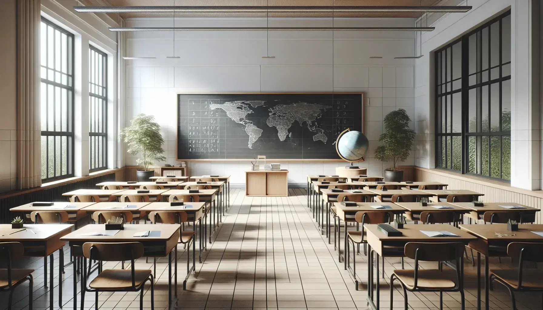 Aula espaciosa y luminosa con filas de pupitres de madera, pizarra negra, globo terráqueo y planta verde, sin personas.