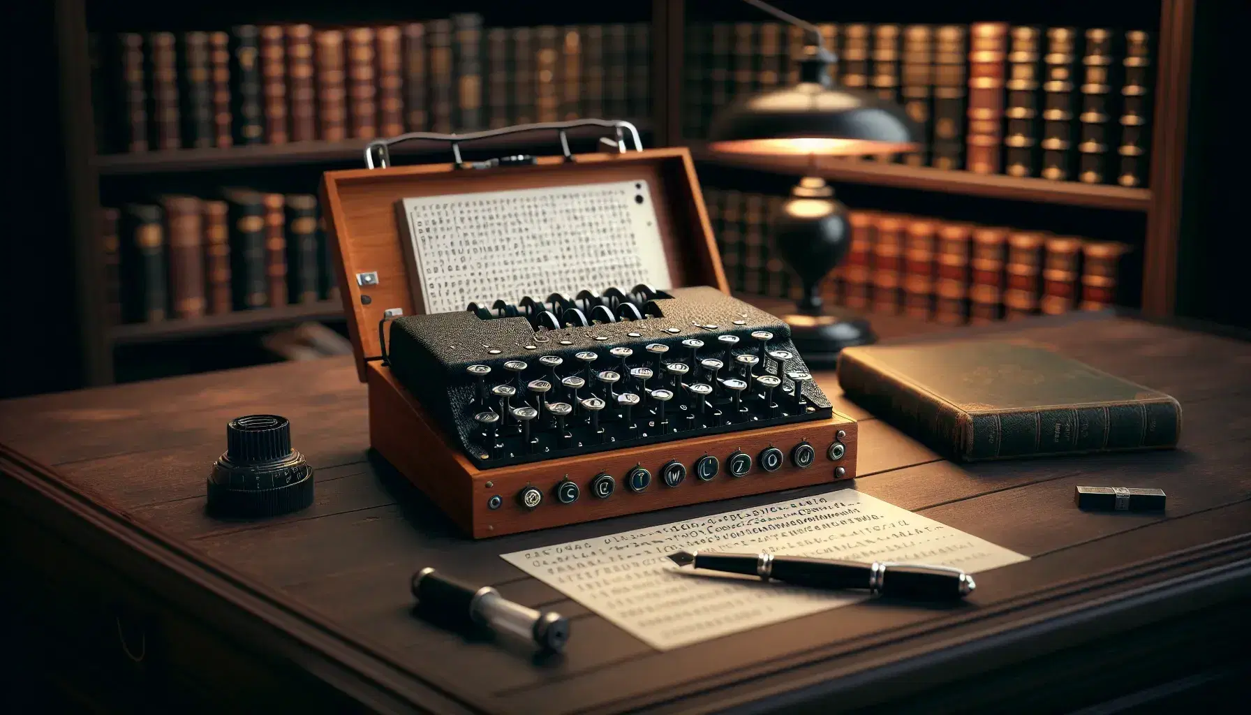 Macchina cifrante Enigma su scrivania in legno con carta e penna, sfondo sfocato di libreria con libri rilegati.