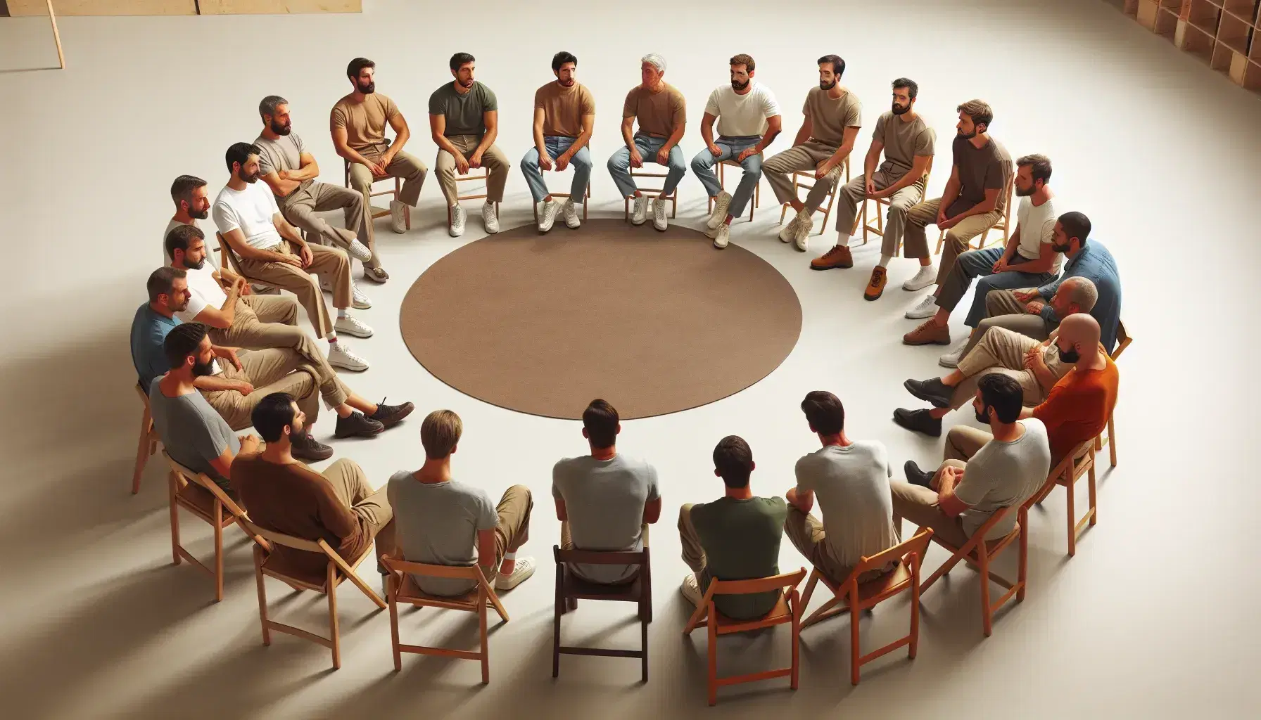 Gruppo eterogeneo di uomini seduti in cerchio in una sala riunioni luminosa e accogliente, ascoltando e dialogando in un clima sereno.