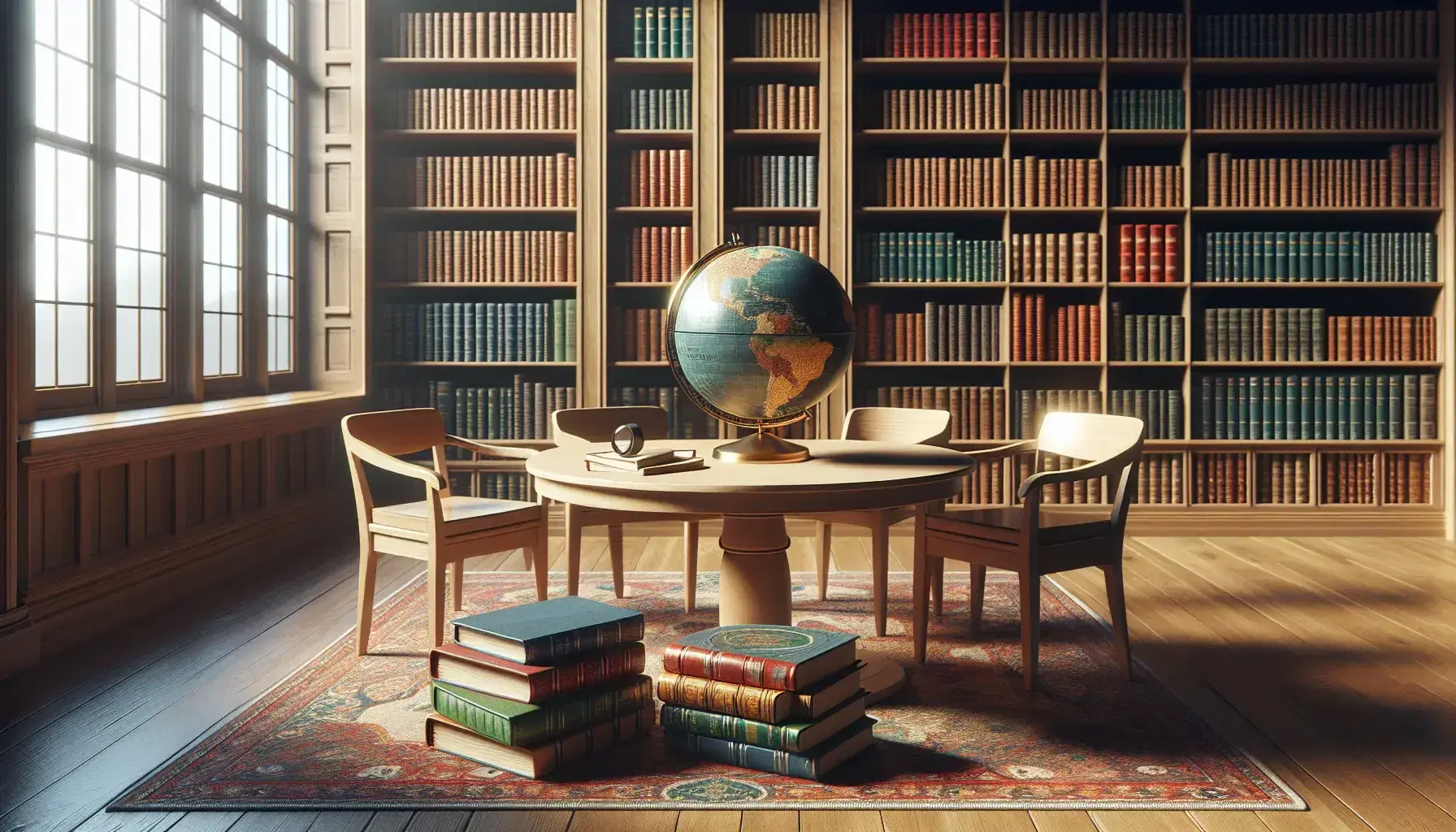 Biblioteca luminosa con estanterías de madera llenas de libros, mesa con libros apilados, globo terráqueo y lupa, luz natural y alfombra geométrica.