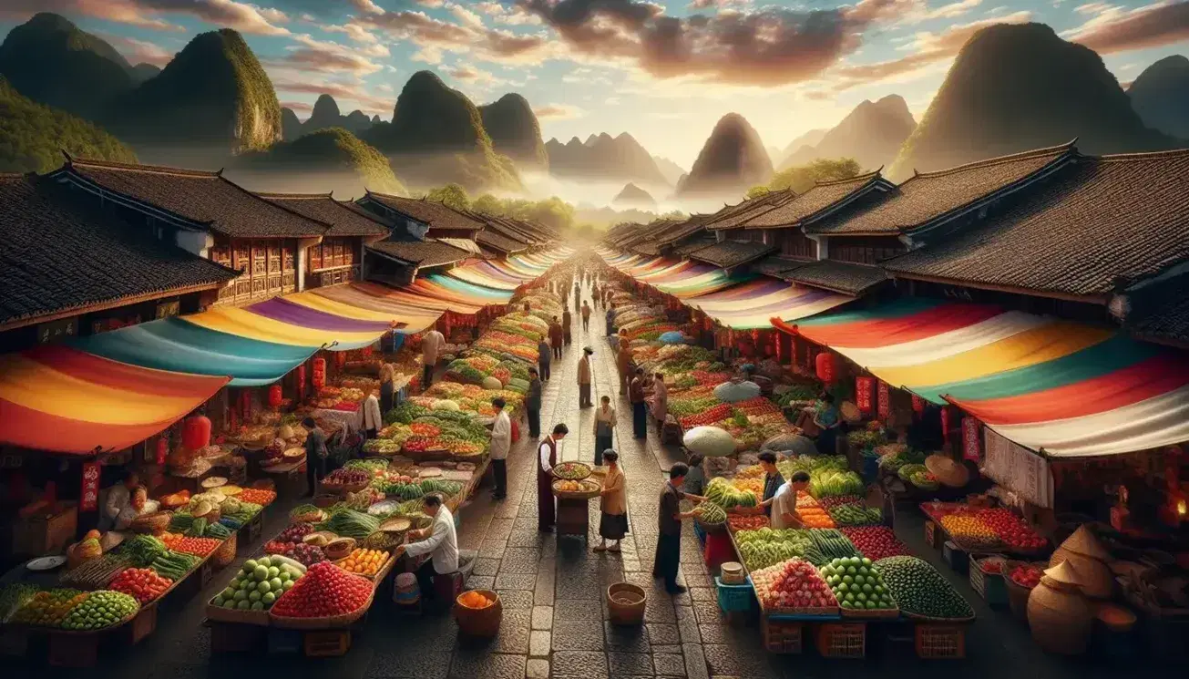 Mercato tradizionale cinese con bancarelle colorate di frutta e verdura, venditori e clienti su strada acciottolata, sfondo montuoso.
