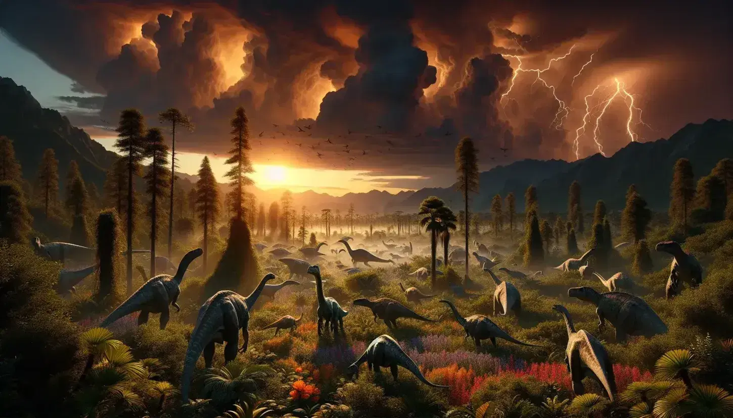 Paisaje prehistórico al atardecer con dinosaurios como brachiosauros y tiranosaurios entre vegetación densa, bajo un cielo dramático con esfera luminosa descendente.