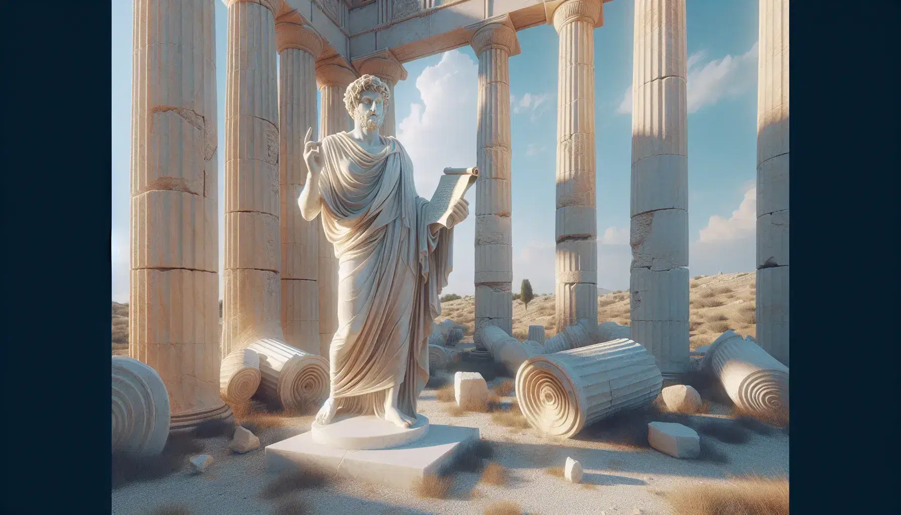 Estatua de mármol blanco de filósofo griego antiguo con túnica y papiro en un paisaje de columnas dóricas en ruinas bajo un cielo azul claro.