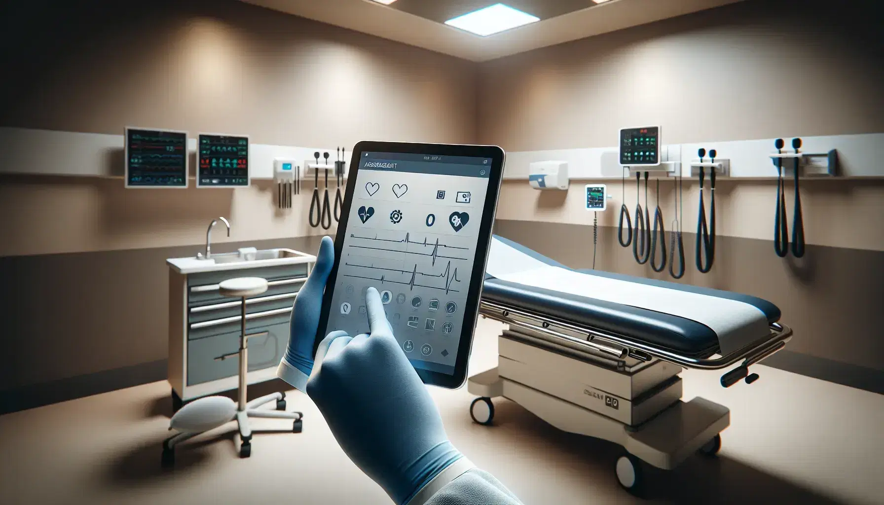 Healthcare professional's hands in blue gloves holding a tablet with a blank screen in a well-equipped, serene clinical examination room.