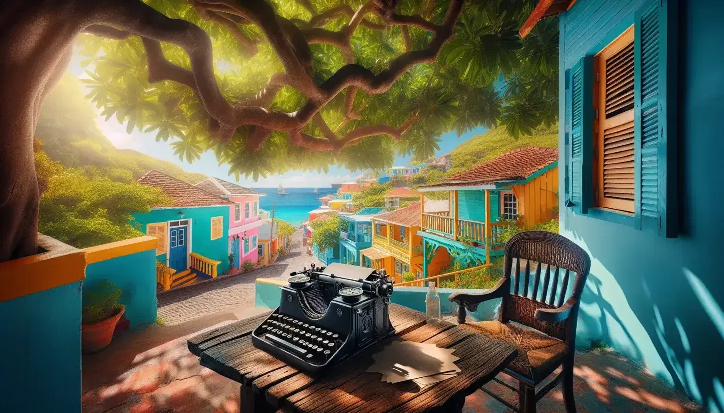 Escena costera con máquina de escribir antigua sobre mesa de madera, silla de mimbre y casas coloridas bajo un árbol de mango, sin personas, ambiente caribeño.