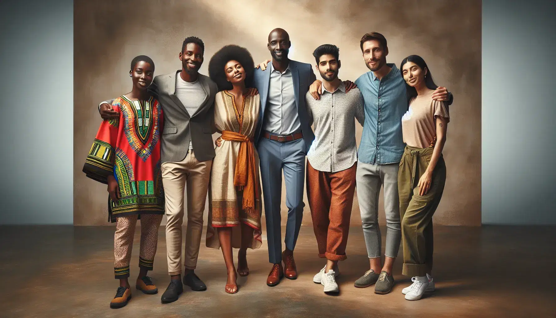 Multi-ethnic group of six people in semi-circle with various clothing, expressing unity and belonging on neutral background.