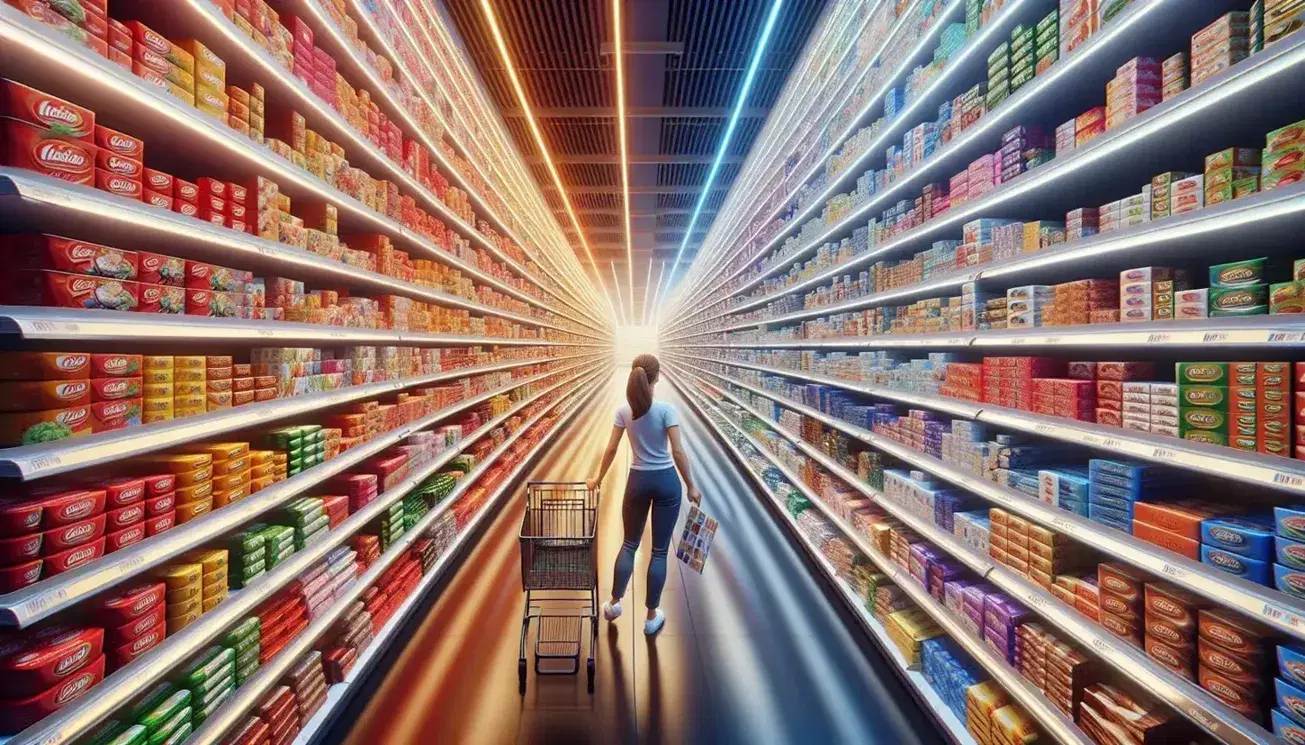 Cliente donna sceglie prodotti da scaffali colorati in supermercato moderno, uomo con carrello confronta articoli.