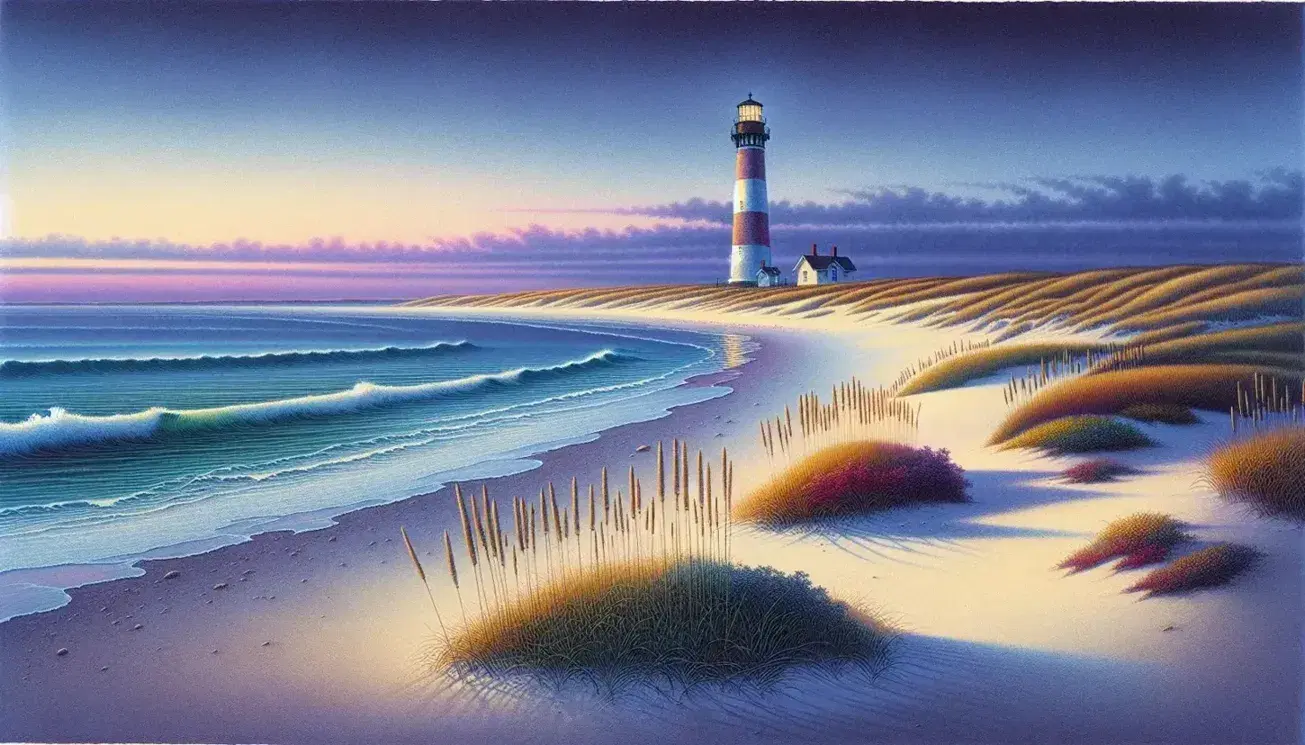 Serene dusk scene with a red and white striped lighthouse on a sandy beach, gentle waves, and a colorful sunset sky with perched seagulls.