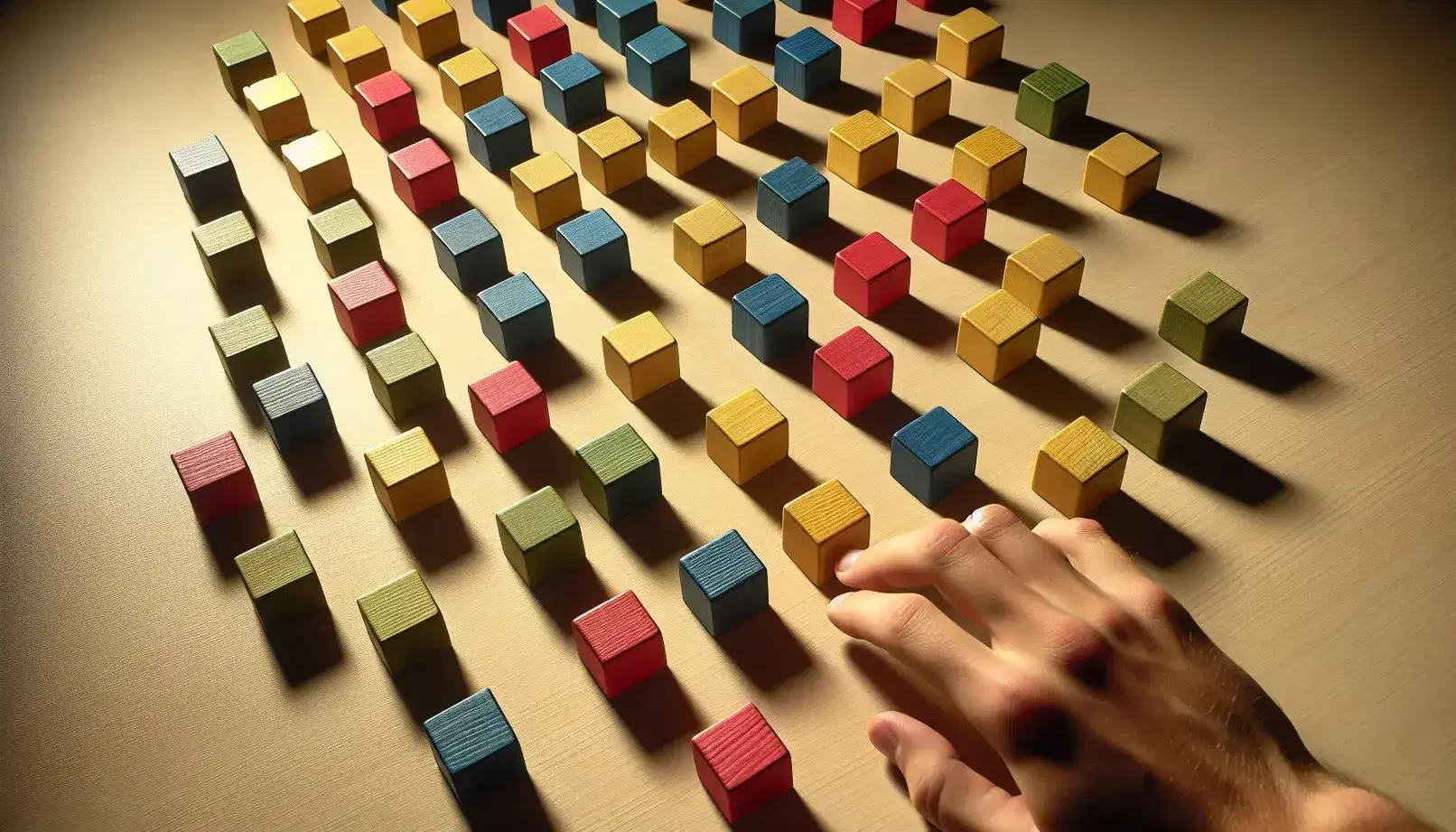 Bloques de madera de colores rojo, azul, verde y amarillo dispuestos en una cuadrícula sin repetir colores en filas o columnas, con una mano humana ajustando un bloque.