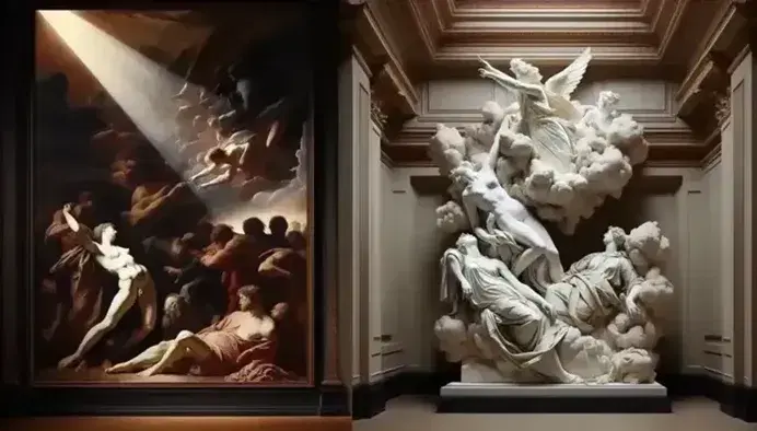 Dipinto con chiaroscuro di figure umane in interno buio e scultura marmorea di figura femminile con angelo in nicchia decorata.