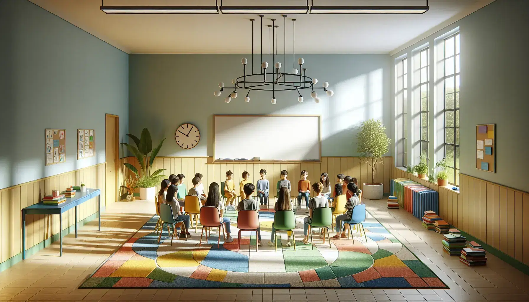 Aula luminosa con studenti di diverse etnie seduti in cerchio su sedie colorate, luce naturale, lavagna vuota, piante verdi e tappeto geometrico.