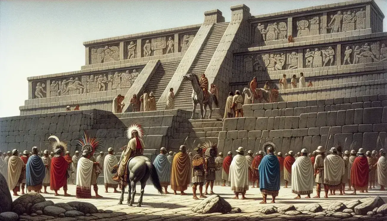 Escena histórica al aire libre con edificio de piedra precolombino y escalinatas, personas con túnicas y tocados de plumas, y jinete con armadura y lanza.