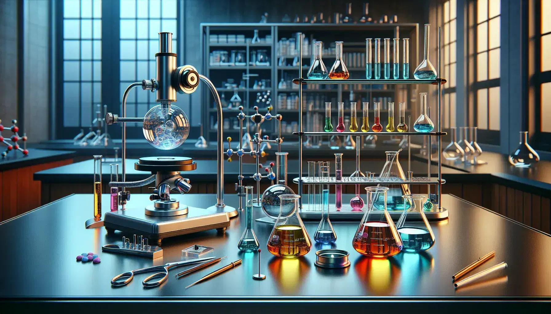 Laboratorio chimico moderno con tavolo in acciaio, becher con liquidi colorati, provette, microscopio e scaffali con flaconi.
