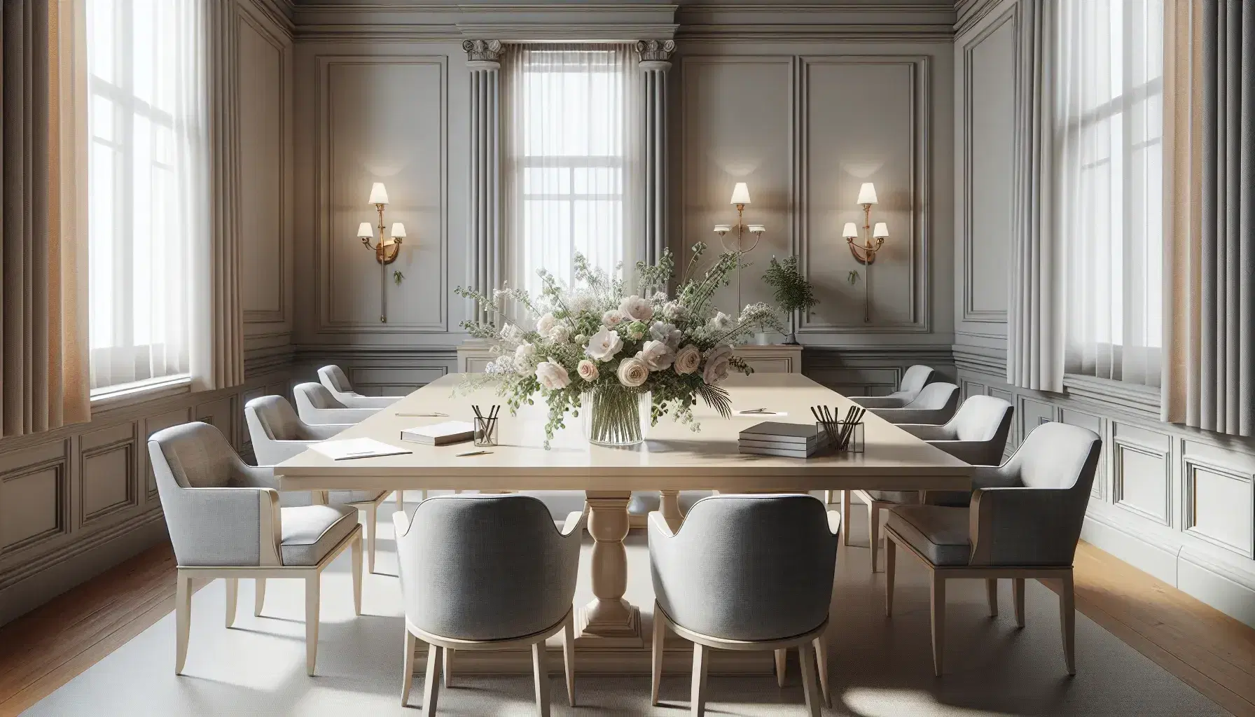 Sala riunioni elegante con grande tavolo rettangolare, sedie grigie, vaso di fiori freschi e luce naturale che filtra da finestra con tende bianche.