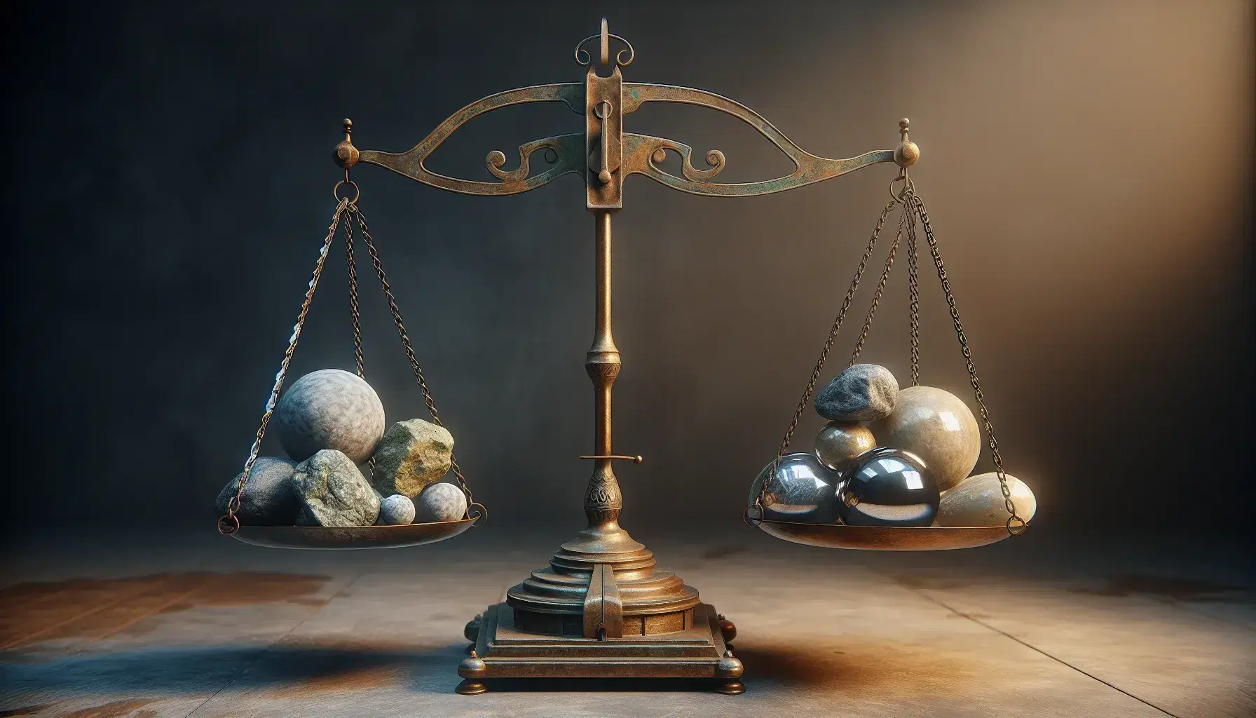 Bilancia antica in equilibrio con piatti in bronzo, pietre grigie su un lato e sfera trasparente sull'altro, su sfondo sfocato caldo.