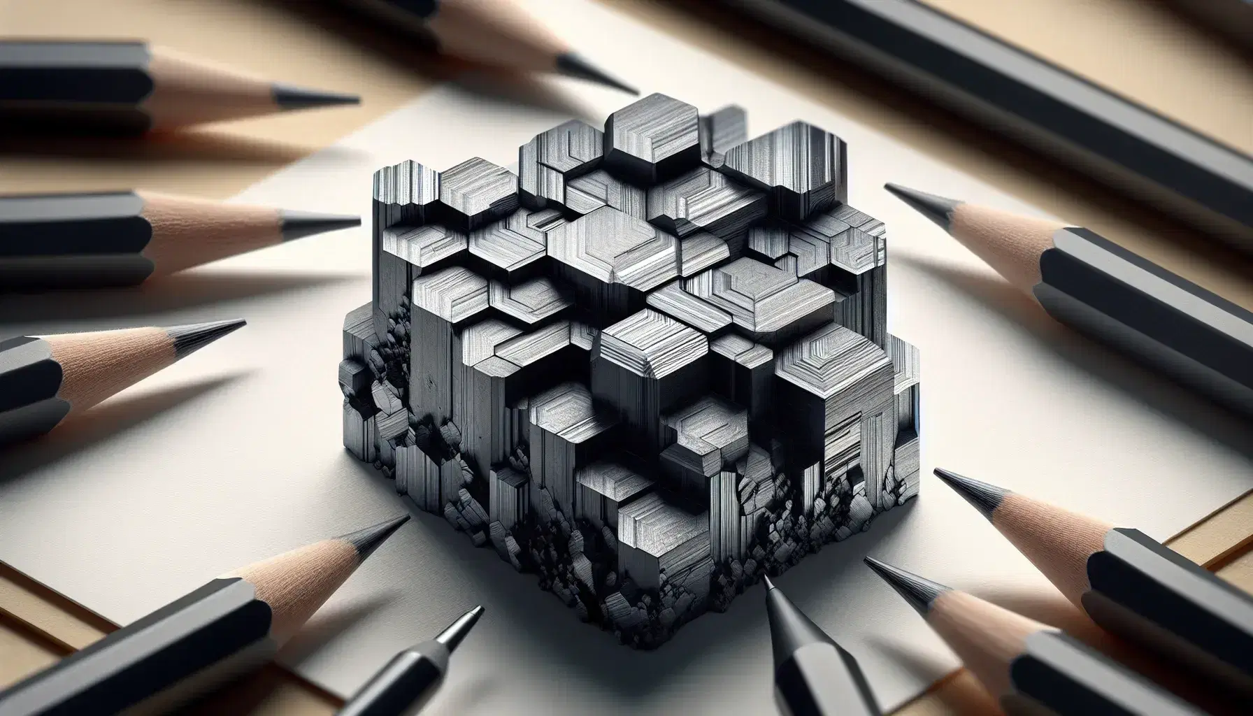 Close-up of a piece of natural graphite with hexagonal crystalline structure and metallic reflection, surrounded by mechanical pencil tips on white background.