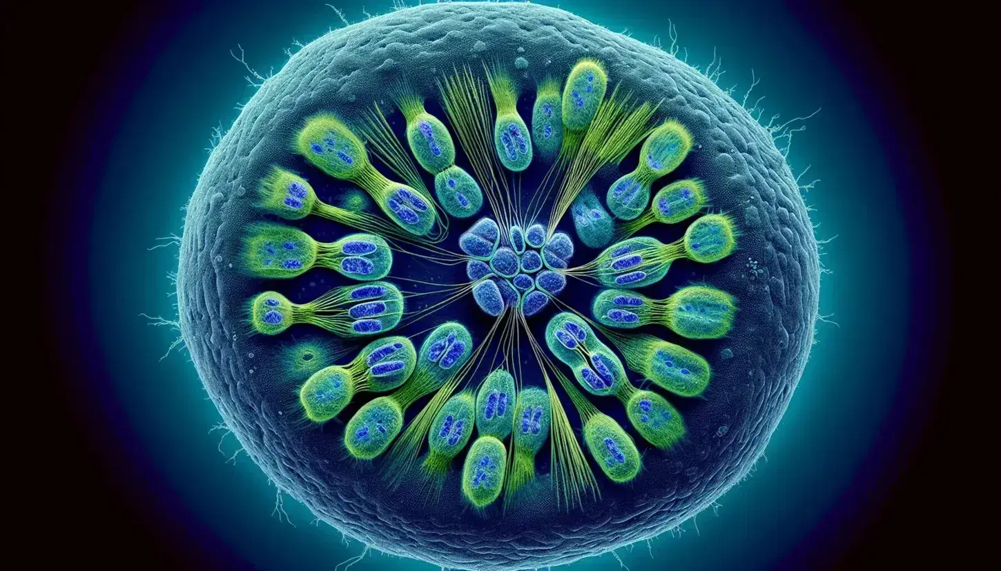 Cell in mitotic metaphase with chromosomes aligned to the equatorial plane, clear centromeres and spindle fibers emanating from green centrosomes.