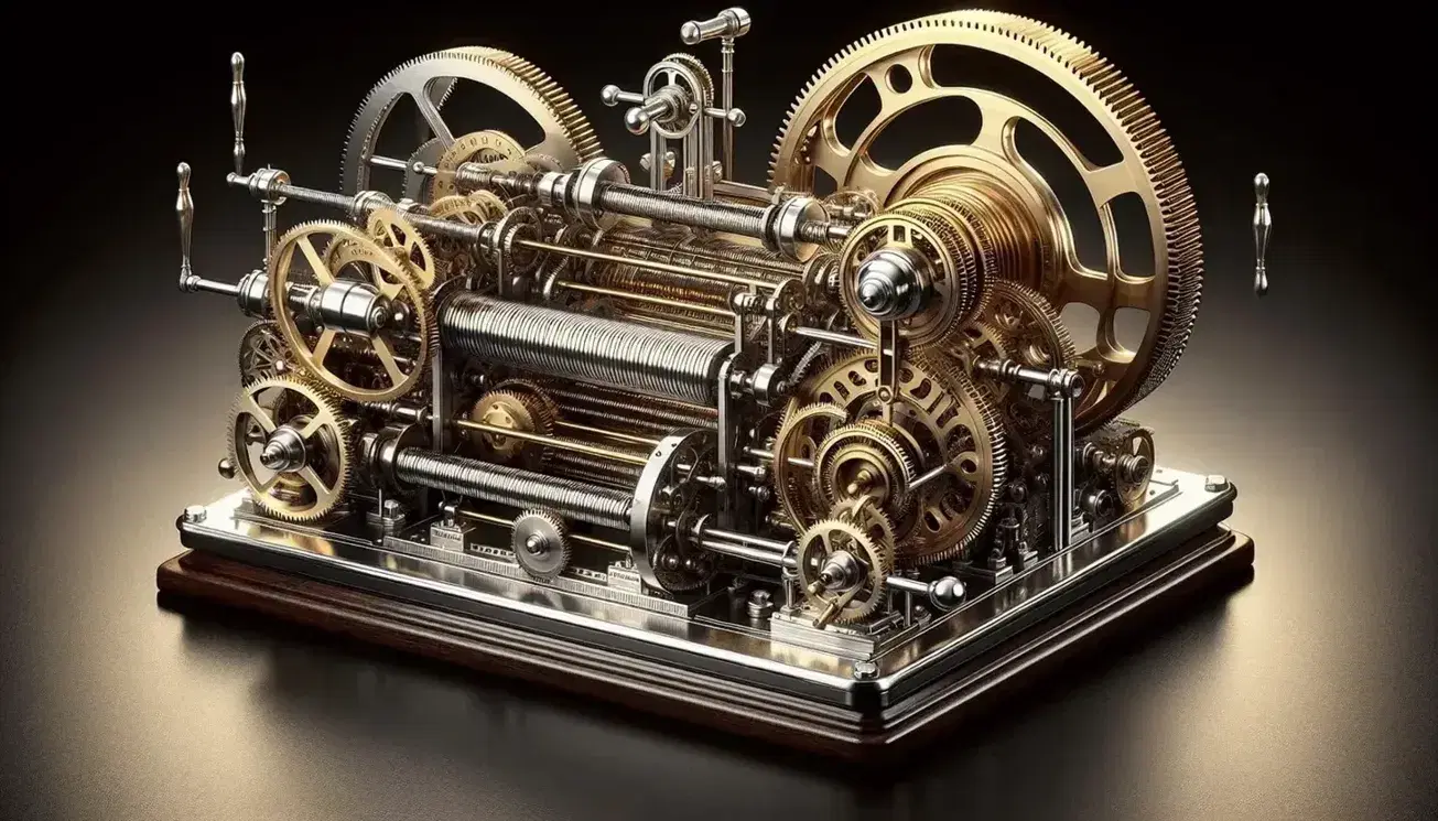 Vintage mechanical Turing machine with brass gears and steel levers on mahogany desk, beige ribbon and green gradient background.