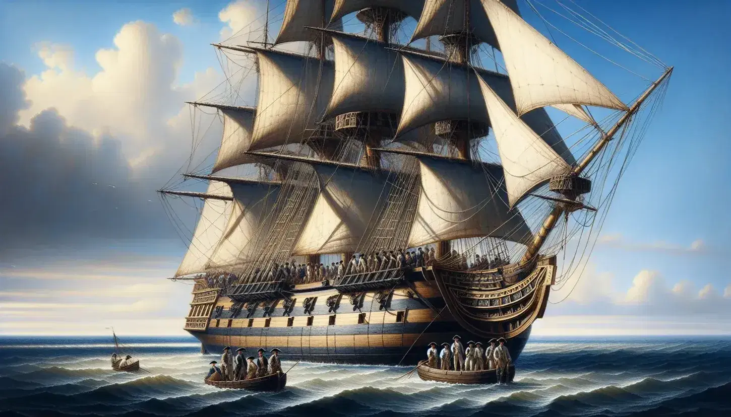 Late 18th-century wooden warship with three masts and unfurled sails, anchored at sea with sailors in period attire engaging in deck activities.