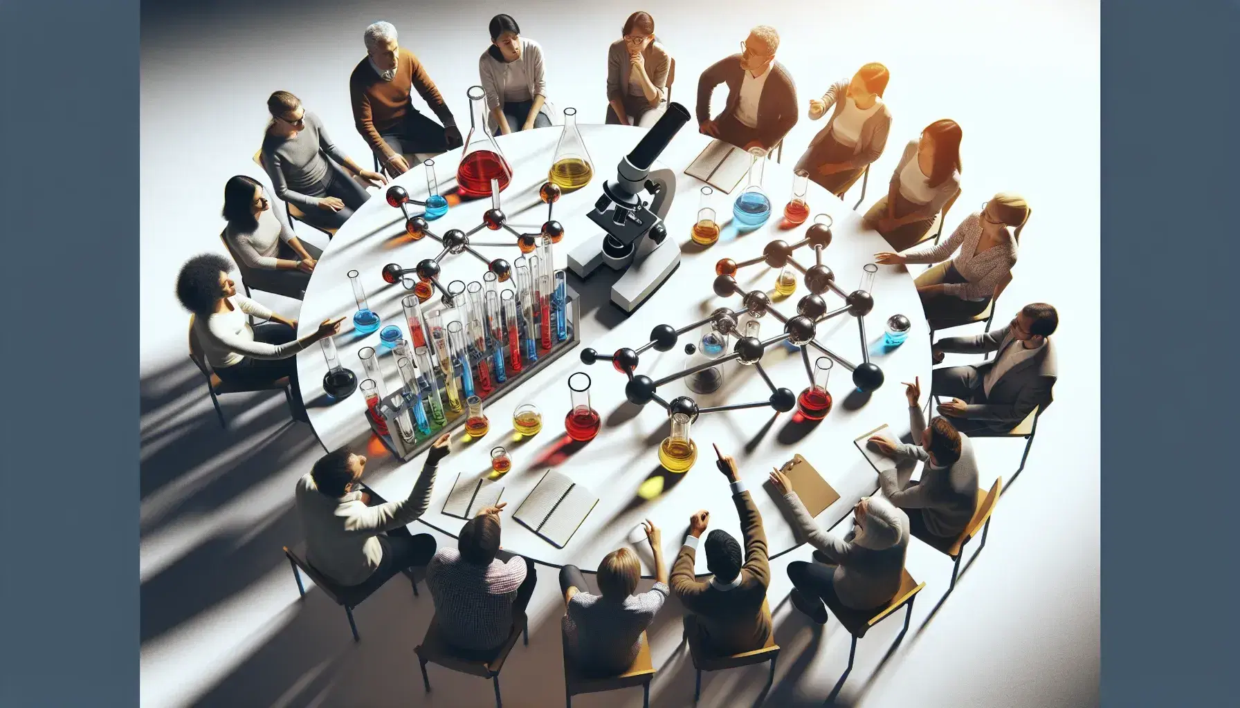 Grupo diverso interactuando en taller científico con microscopio y tubos de ensayo con líquidos de colores sobre mesa redonda.