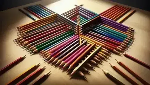 Matite colorate disposte su superficie in legno chiaro formano angoli acuti e ottusi, con vivaci tonalità che risaltano nell'illuminazione naturale.