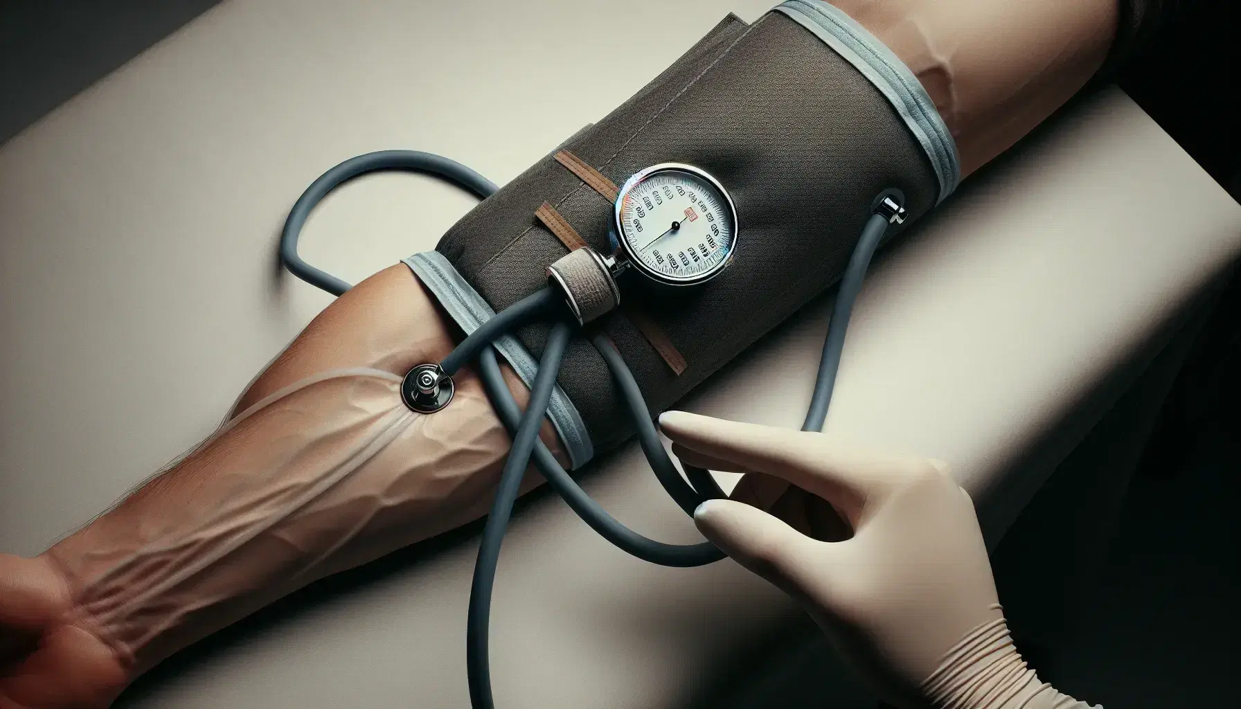 Brazo humano con manguito de tensiómetro inflado y profesional de la salud midiendo la presión arterial palpando la arteria radial.