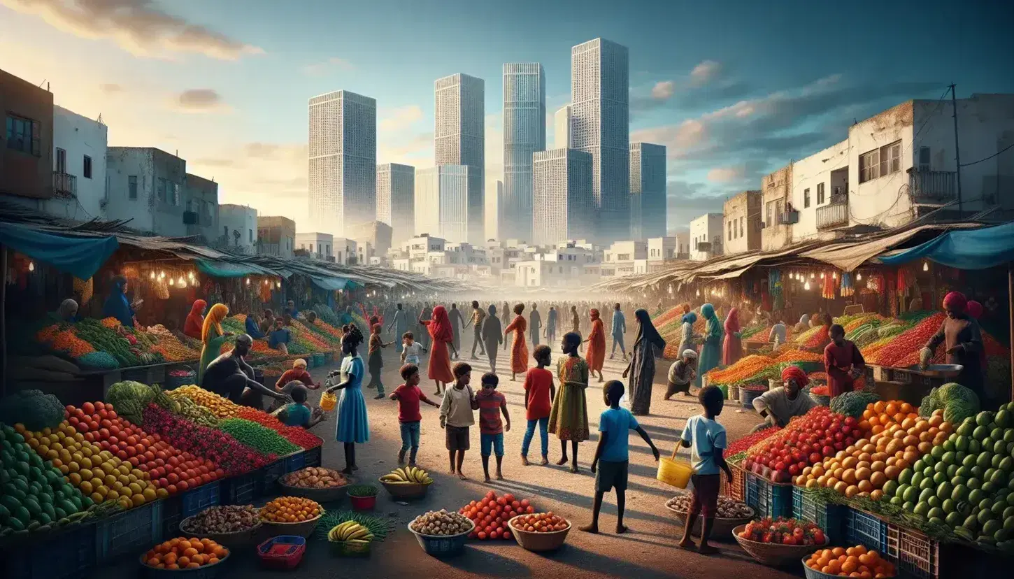 Mercato all'aperto africano con bambini che giocano, bancarelle di frutta colorata, edifici moderni sullo sfondo e donna in abito tradizionale.
