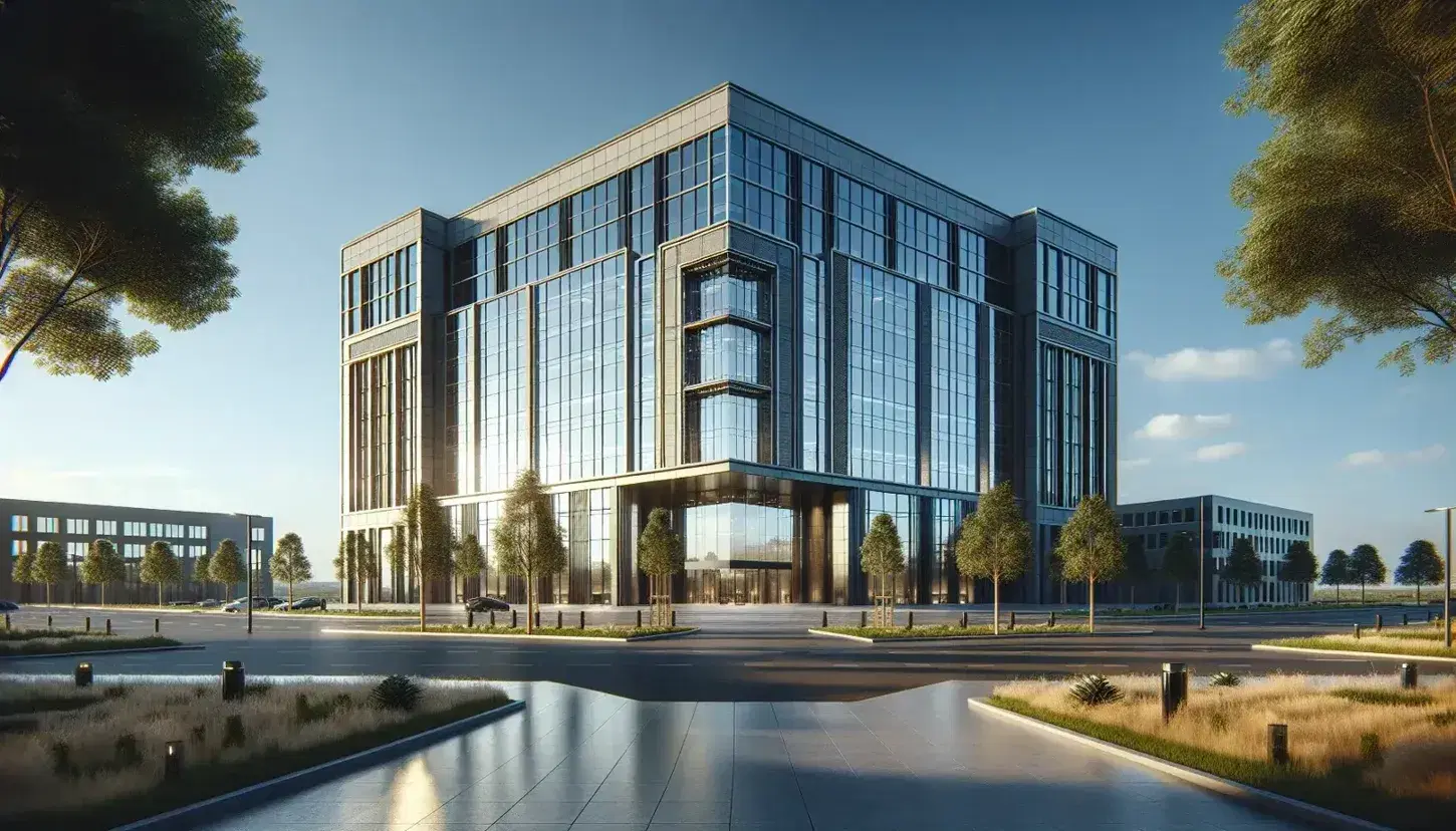 Edificio comercial moderno con paredes de vidrio reflectante y entrada prominente bajo cielo azul, rodeado de naturaleza y caminos pavimentados.