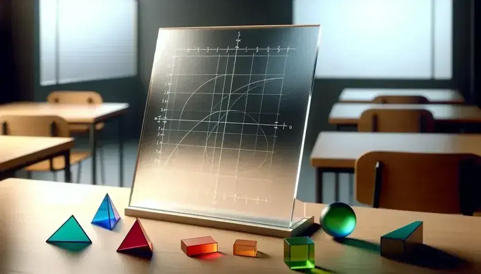 Transparent Cartesian coordinate plane on a wooden desk with colorful geometric shapes and a blurred classroom background.