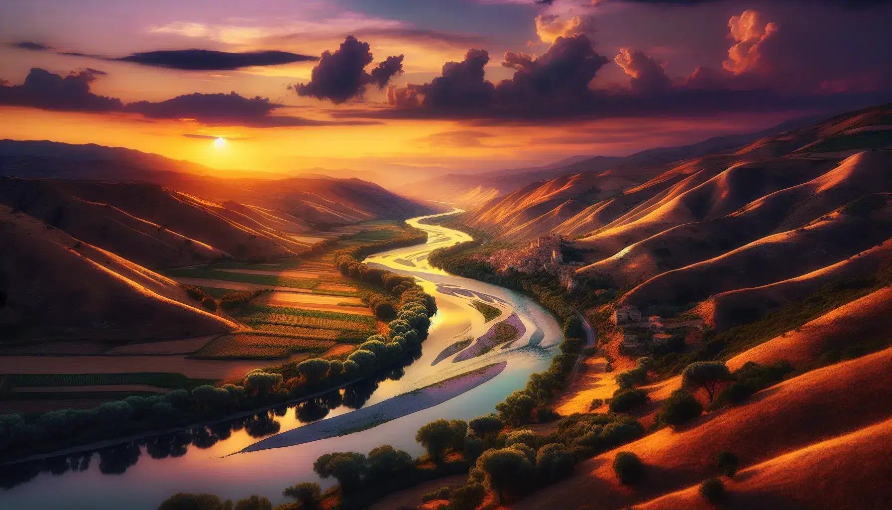 Tramonto dorato illumina la Valle del Fiume Agri in Basilicata, con riflessi sul fiume, colline verdi e un antico villaggio.