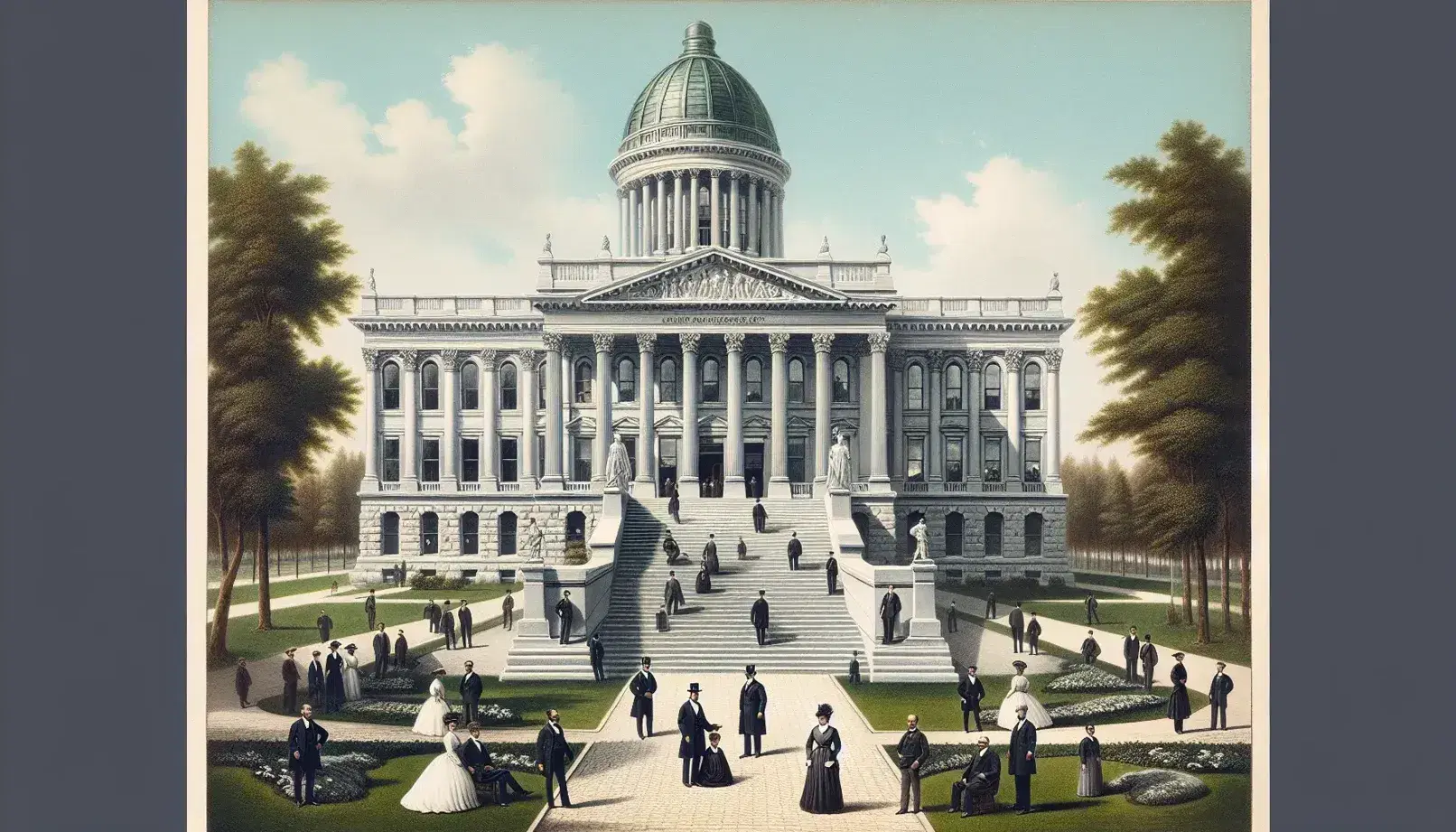 Historic government building in neoclassical style with large dome and Corinthian columns, people in period clothes in front of the entrance over blue sky.