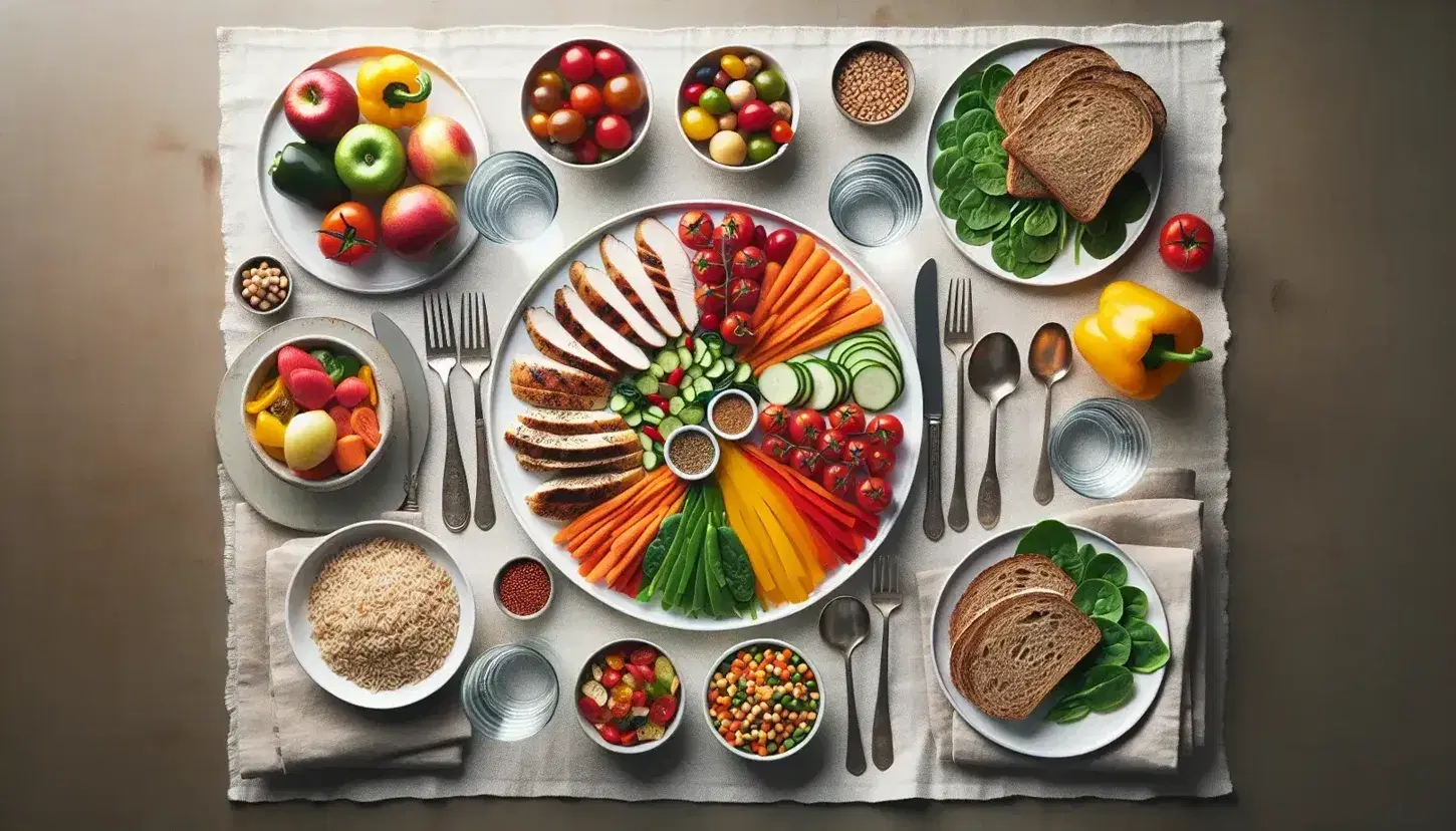 Tavola imbandita vista dall'alto con piatti di verdure fresche, petto di pollo grigliato, pane integrale, riso integrale, legumi, frutta e bicchieri d'acqua.