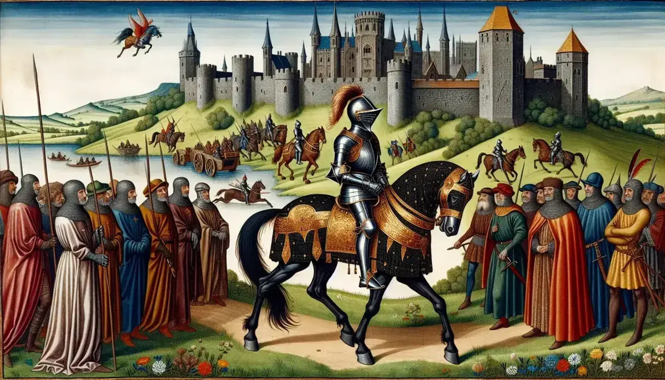 Caballero medieval a caballo con armadura reluciente y lanza, acompañado por personas con vestimentas de época, frente a castillo en colina.