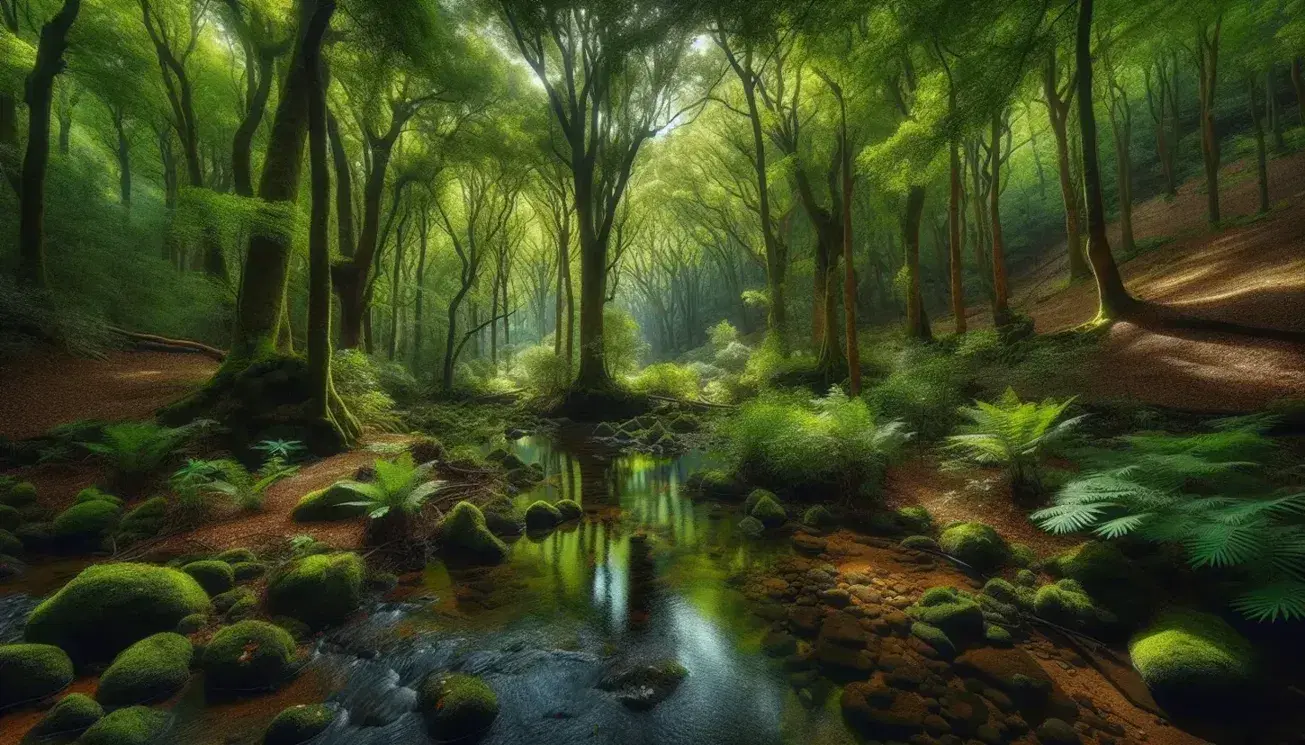 Lush Spanish forest landscape with indigenous trees, a clear stream, rolling hills, and a blue sky, highlighting the area's natural diversity.