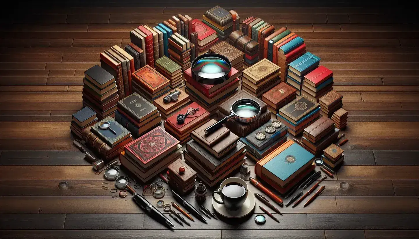 Libri impilati in modo irregolare su un tavolo di legno scuro con lente d'ingrandimento, penna stilografica e tazza di bevanda calda.