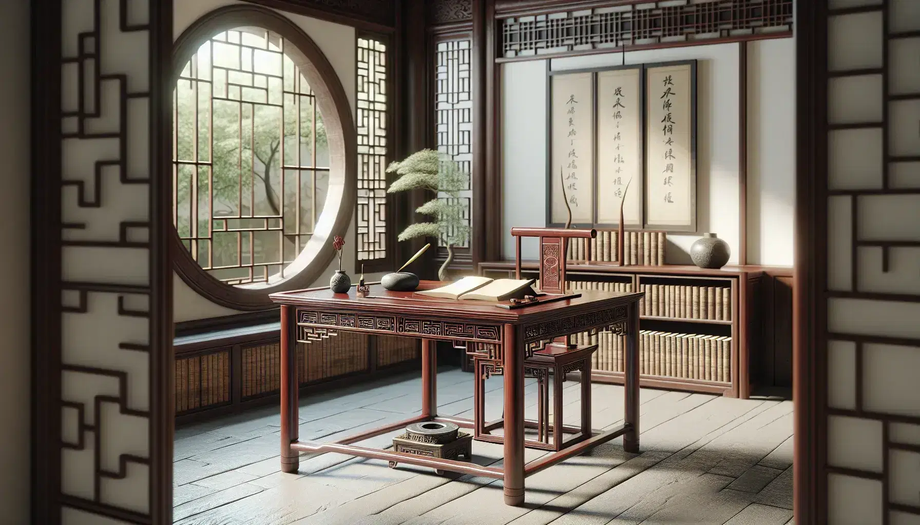 Traditional Chinese study room with a wooden desk, inkstone, bamboo brush, thread-bound books, and a circular lattice window overlooking a garden.