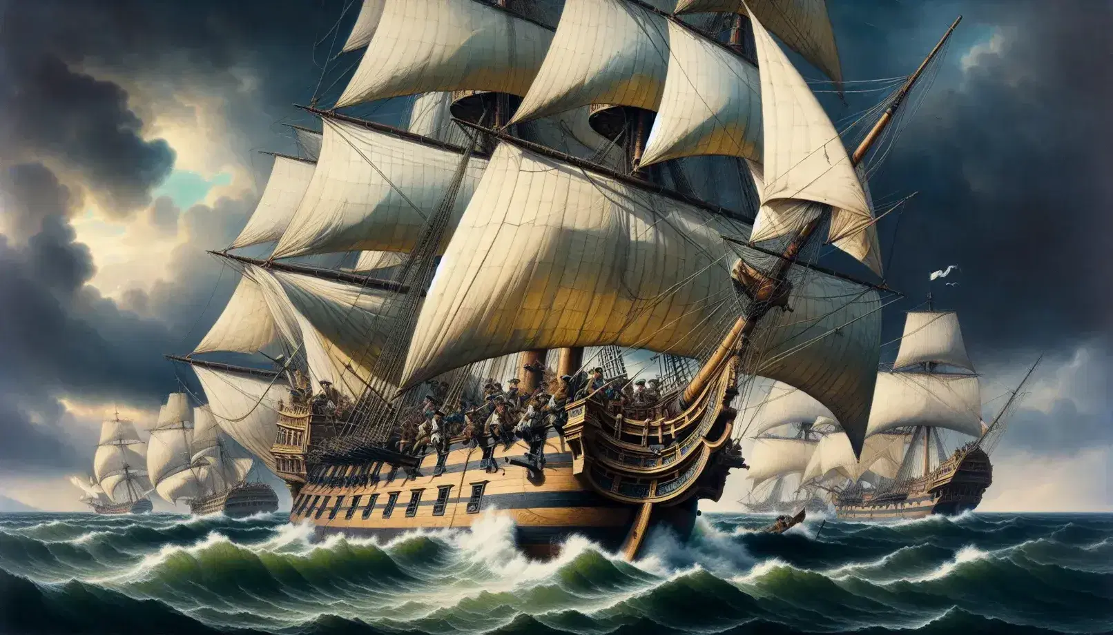 Naval battle scene from the Anglo-Spanish War with a large warship, billowing sails, tumultuous sea, and sailors manning cannons amidst smoke.