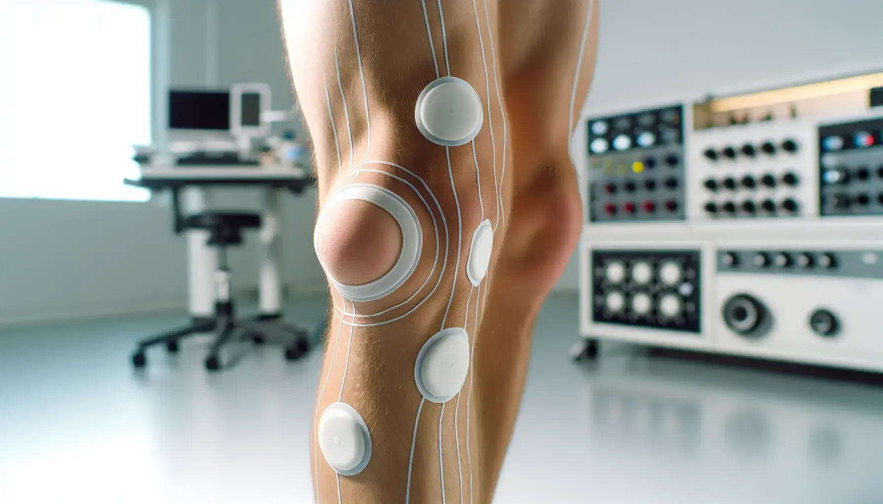 Rodilla humana con marcadores adhesivos para análisis biomecánico en un entorno clínico, con equipo de sensores desenfocado al fondo.