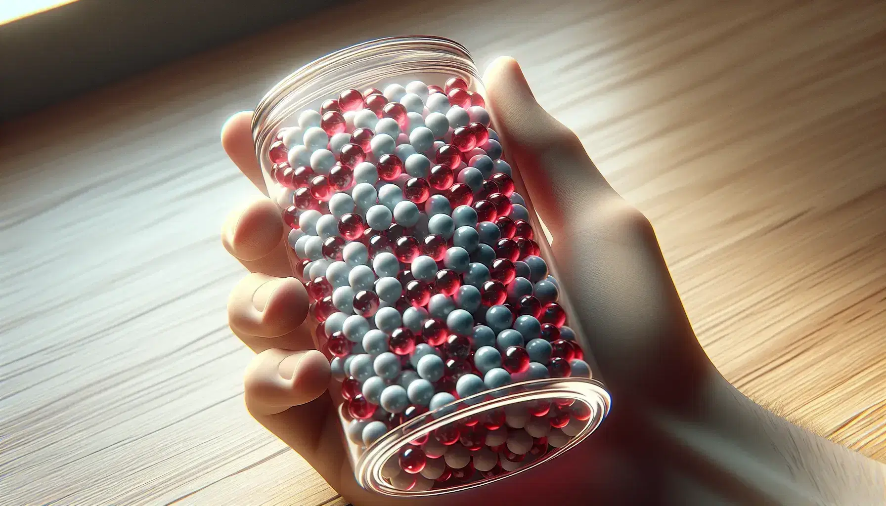 Hand holding a transparent container full of white and red marbles on blurred wooden table background.