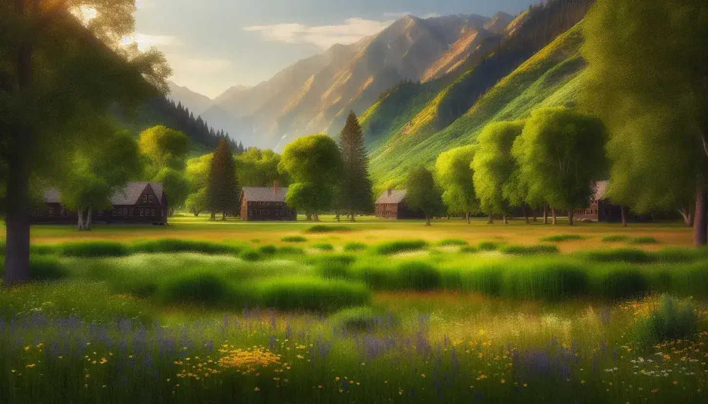 Serene college landscape with lush meadow, wildflowers, wooden buildings among deciduous trees, and a majestic mountain backdrop under a clear blue sky.