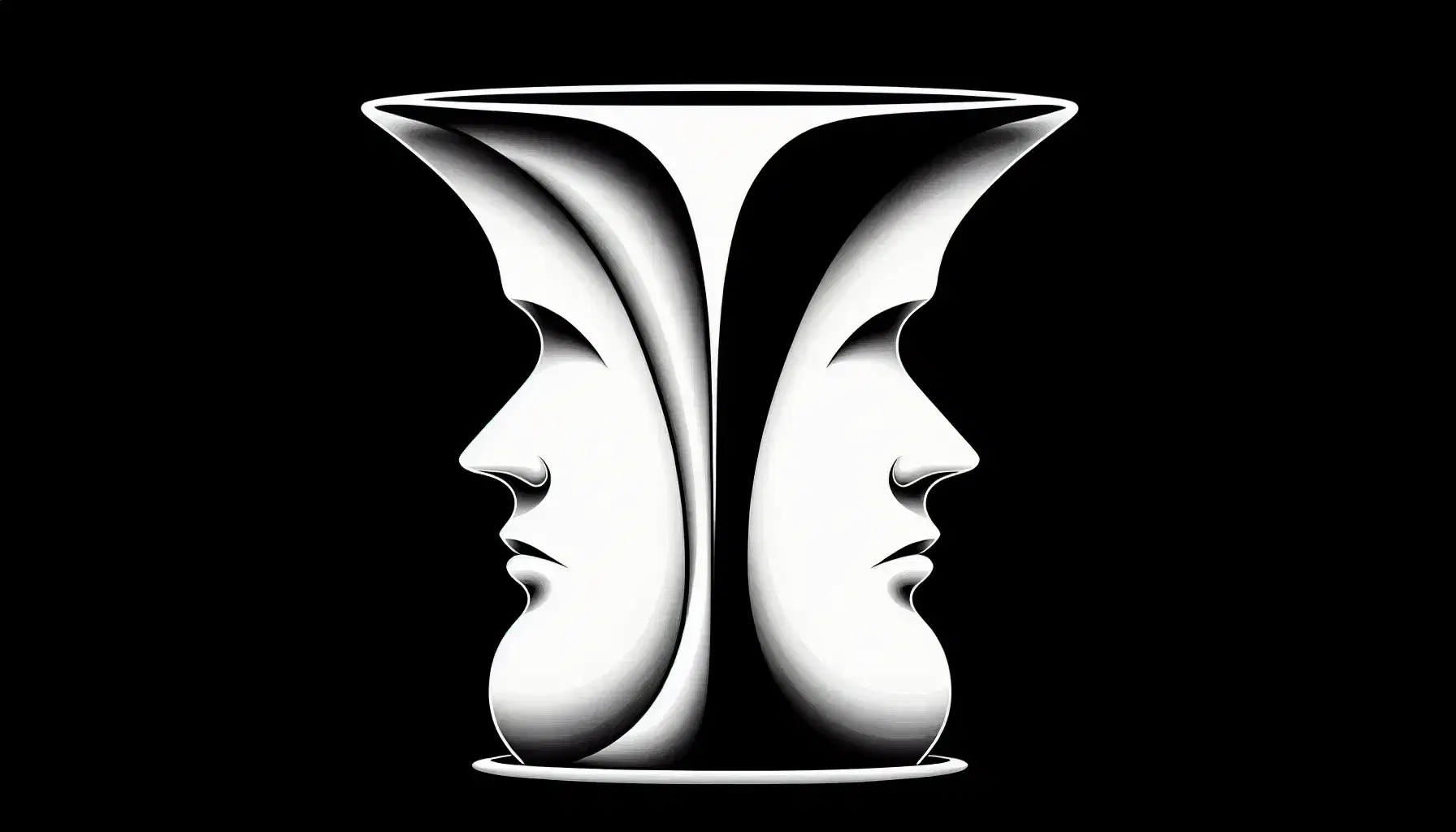 Symmetrical white vase on a black background that creates an optical illusion with profiles of two facing faces in Rubin style.