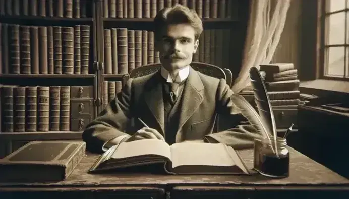 Vintage sepia photograph of an early 20th-century man in a suit seated at a wooden desk with an open book, quill, and inkwell near a window with sheer curtains.